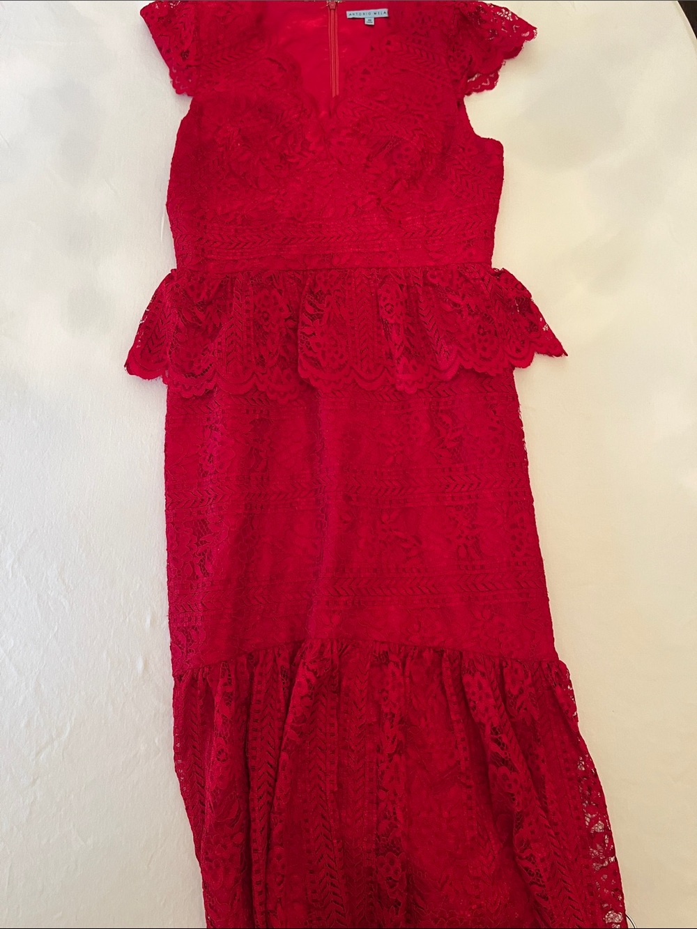 ANTONIO MELANI Red Lace Peplum Formal Dress